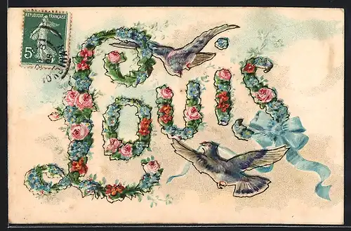 AK Namenstag, Louis, Blumen im Schriftzug, Vögel mit Schleifen