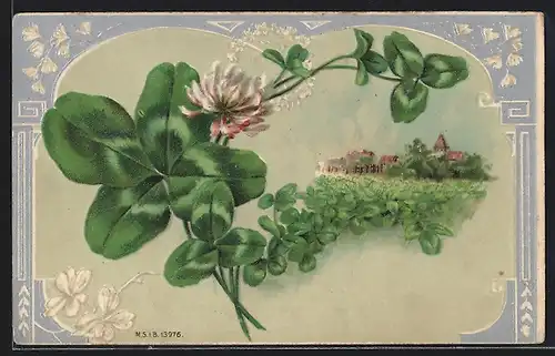 AK Kleeblatt mit Blüte, Ortschaft im Kleeblattfeld