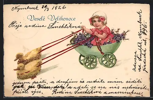 AK Osterküken ziehen ein Mädchen im Blumenwagen