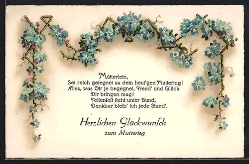 AK Herzlichen Glückwunsch zum Muttertag, Girlande mit blauen Blüten