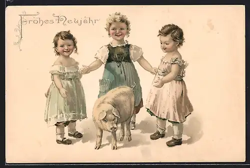 AK Drei Mädchen mit Glücksschwein, Prosit Neujahr