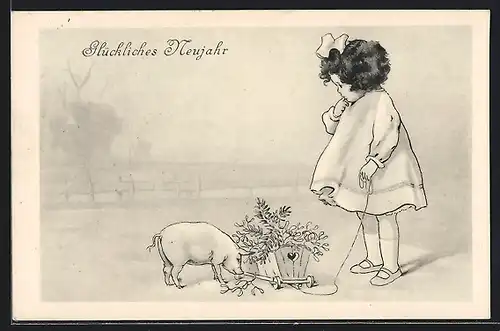 AK Mädchen blickt fragend auf das Schwein, Glückliches Neujahr