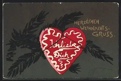 AK Tannenzweig und Lebkuchenherz mit Ich liebe Dich Schriftzug, Herzlichen Weihnachtsgruss