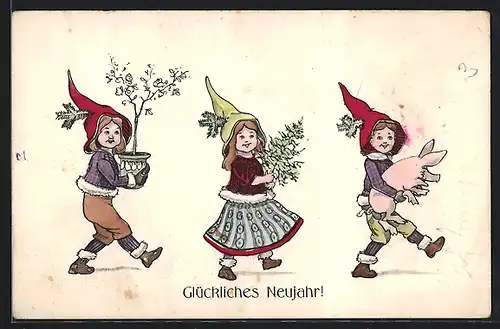 AK Drei Kinder mit Zipfelmützen, Glücksschwein und Tannenbäumchen, Neujahr