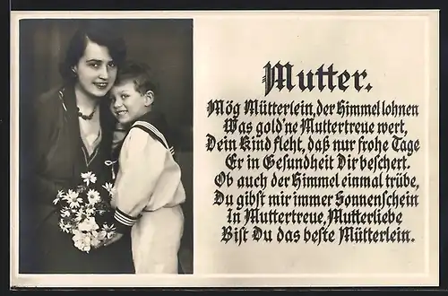 AK Mutter mit ihrem Sohn und Blumenstrauss, Mög Mütterlein der Himmel lohnen, was gold`ne Muttertreue wert..., Muttertag