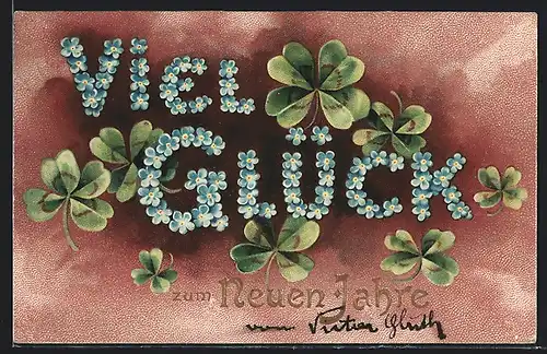 Künstler-AK Glückspostkarte, Kleeblätter Neujahresgruss