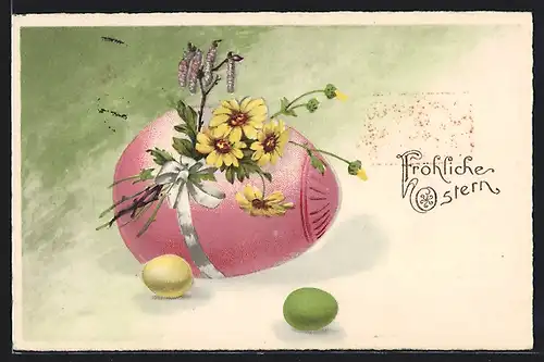 AK Osterei mit Schleife und Blumen, Fröhliche Ostern