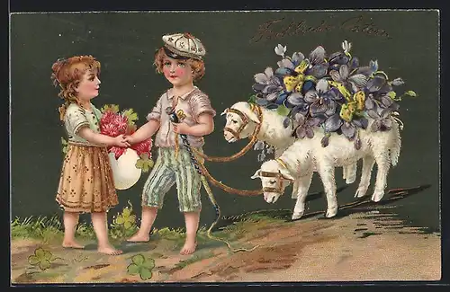 AK Junge mit Lämmern welche Blumen auf dem Rücken tragen, Mädchen mit Glückskleeblatt, Fröhliche Ostern