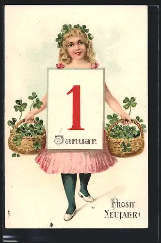AK Blondes Mädchen wünscht Prosit Neujahr, Kalenderblatt vom 1. Januar, Körbe voller Kleeblätter