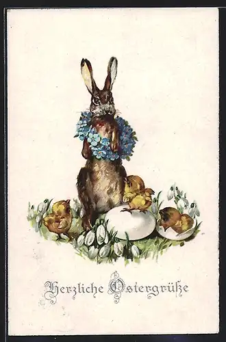 AK Osterhase mit Vergissmeinnicht und Kücken, Herzliche Ostergrüsse