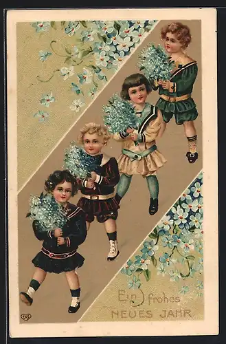 AK Kinder überbringen zum Neujahr Vergissmeinnicht
