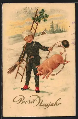 AK Schornsteinfeger mit Glücksschwein, Prosit Neujahr