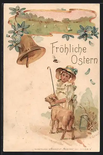 AK Fröhliche Ostern, Mädchen mit Hirtenstab und Lämmchen
