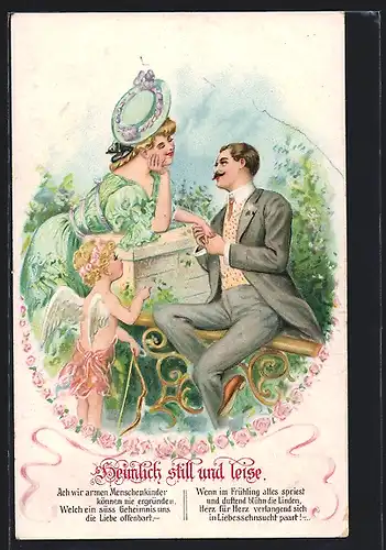 AK Heimlich still und leise..., Amor und turtelndes Liebespaar