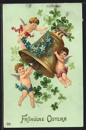 AK Drei Osterengel läuten die Glocke, Kleeblätter, Fröhliche Ostern