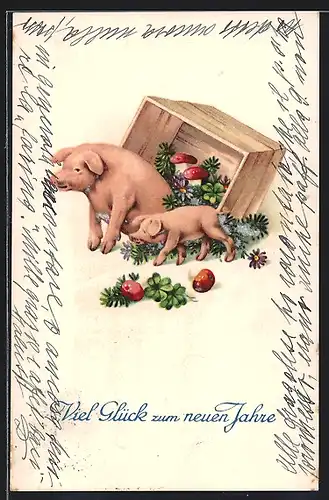 AK Schweinchen in der Kiste, Fliegenpilze, Tannenzweig und Kleeblätter, Neujahrsgruss