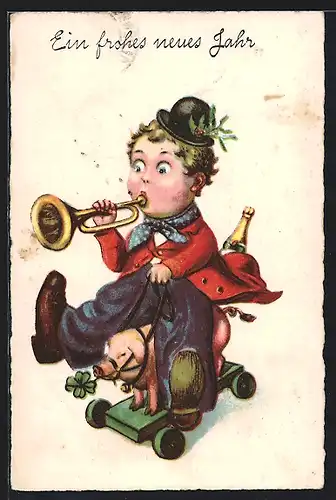 AK Kleiner Junge reitet auf einem Glücksschwein mit Kleeblatt und spielt Trompete, Neujahr