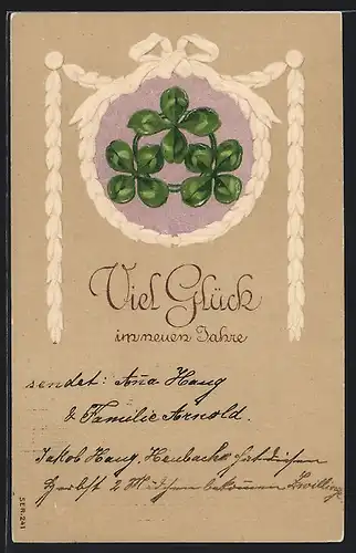 AK Kleeblätter in einem Kordelrahmen, Viel Glück im neuen Jahre