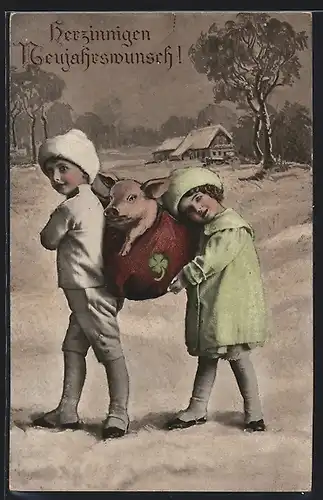 AK Kinder mit Glücksschwein, Herzinnigen Neujahrswunsch