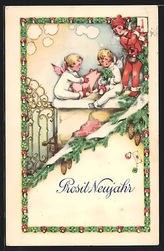AK Prosit Neujahr!, Neujahrsengel mit Schwein und Mädchen