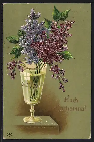AK Hoch Katharina, Namenstagsgruss, Lila Blumen in der Vase