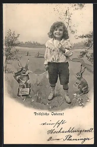 AK Osterhase mit Eierkorb wird spazierengeführt von einem kleinen Mädchen