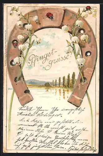 Lithographie Hufeisen, Pfingstgrüsse mit Maiglöckchen und Marienkäfern