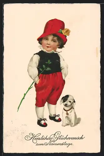 AK Kind mit rotem Hut und kleinem Hund, Glückwunsch zum Namenstag