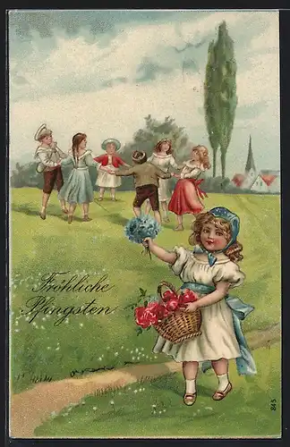 AK Fröhliche Pfingsten, Mädchen mit Blumen und tanzende Kinder