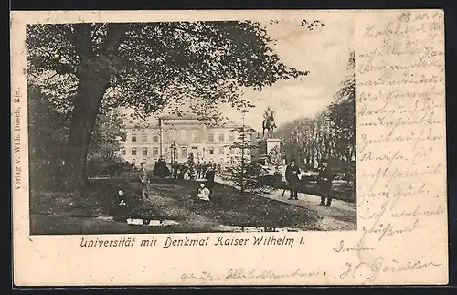 AK Kiel, Universität mit Denkmal Kaiser Wilhelm I.