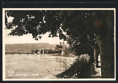AK Säckingen, Flusspartie mit Brücke und Ortsansicht