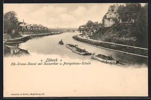 AK Lübeck, Elb-Trave-Kanal mit Kaiserthor und Navigations-Schule