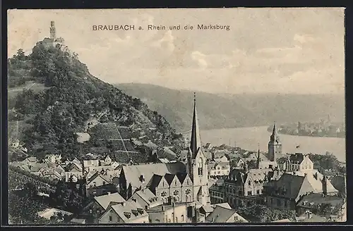 AK Braubach a. Rhein, Ortsansicht mit Marksburg