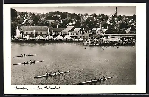 AK Starnberg am See, Totale mit Undosabad und Ruderern