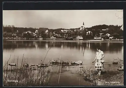 AK Starnberg, Seepartie und Ortsansicht mit Kirche