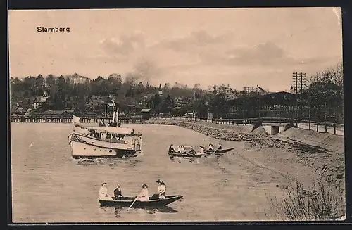 AK Starnberg, Uferpartie, Dampfer und Ruderboote