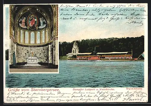 AK Starnbergersee, Dampfer Luitpold und Votivkirche
