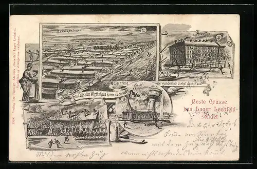 Wirtshaus-AK Lager Lechfeld, Wasser- & Elektrizitätswerk, Kaserne, aus der Sicht eines Betrunkenen