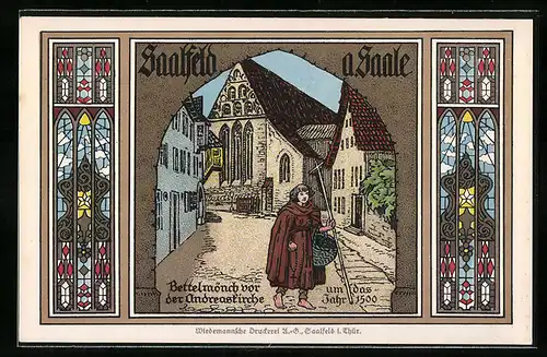 Künstler-AK Saalfeld an der Saale, Bettelmönch vor der Andreaskirche um das Jahr 1500 durch ein Tor