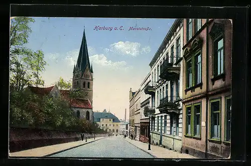 AK Hamburg-Harburg, Maretstrasse mit Blick zur Kirche