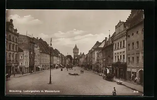 AK Straubing, Ludwigsplatz m. Wasserturm