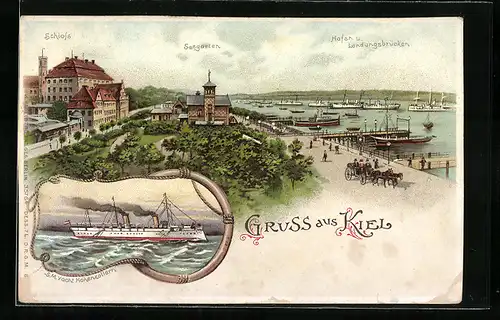 Lithographie Kiel, Hafen und Landungsbrücken mit Schloss und Seegarten, Yacht Hohenzollern