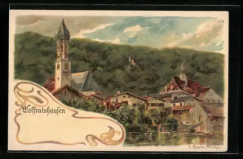 Künstler-AK Wolfratshausen, Ortsansicht mit Kirche