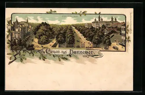 Lithographie Hannover, Strassenpartie Herrenhäuser Allee aus der Vogelschau