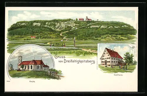Lithographie Dreifaltigkeitsberg, Gasthaus, Kirche, Panorama