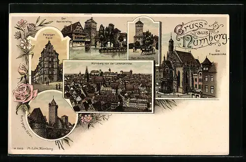 Lithographie Nürnberg, Frauenkirche, Heidenthurm, Henkersteg, Petersenhaus