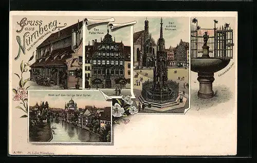 Lithographie Nürnberg, Pellerhaus, schöner Brunnen, Gänsemännchen, Bratwurstglöcklein