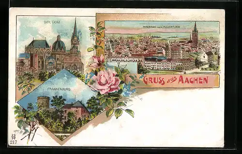 Lithographie Aachen, Panorama vom Pulverturm, Dom, Frankenburg