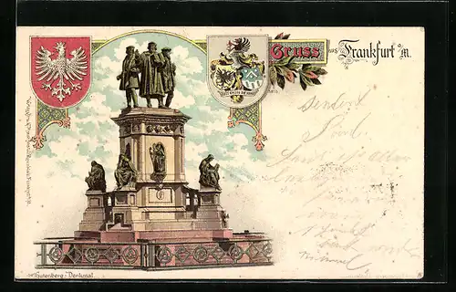 Lithographie Frankfurt a / M., Gutenberg-Denkmal und Wappen