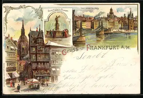 Lithographie Alt-Frankfurt, Der eiserne Steg, Manskopf Gerichtigkeits-Brunnen, Eingang zum Markt